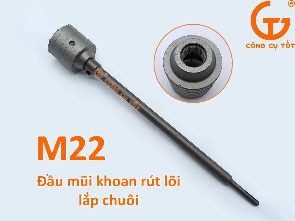 Chuôi M22 lắp đầu mũi khoan bê tông rút lõi Φ60mm dài 73mm có 7 răng.