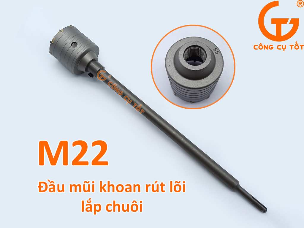 Chuôi M22 lắp đầu mũi khoan bê tông rút lõi Φ65mm dài 73mm có 8 răng.