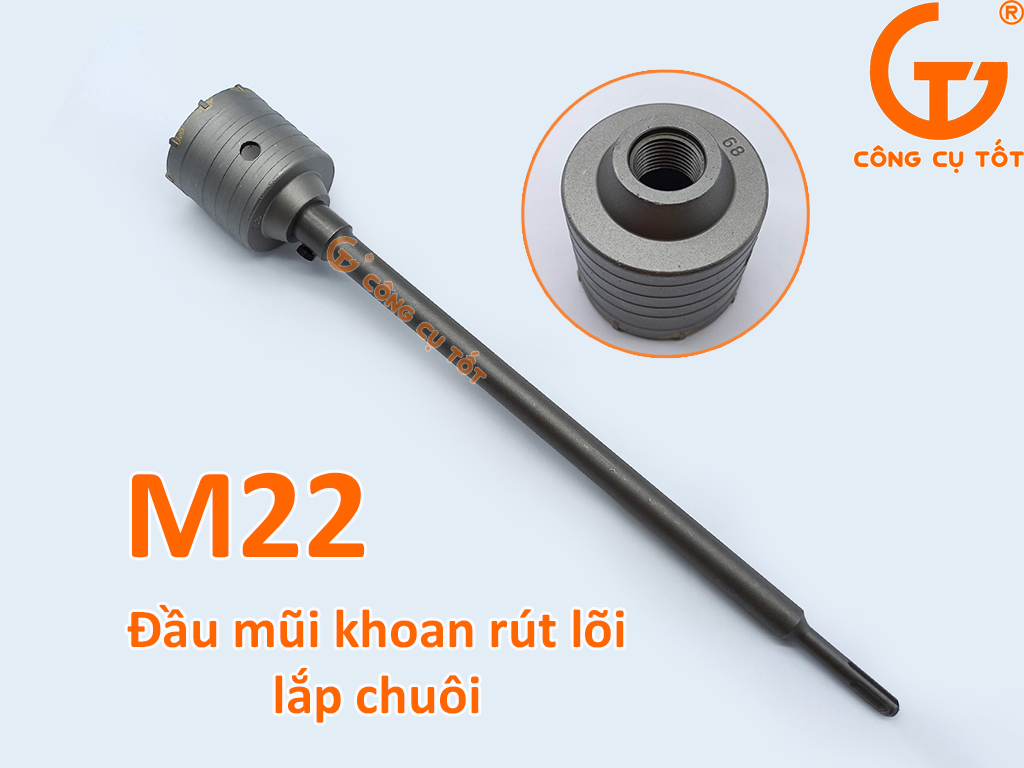 Chuôi M22 lắp đầu mũi khoan bê tông rút lõi Φ68mm dài 73mm có 8 răng.