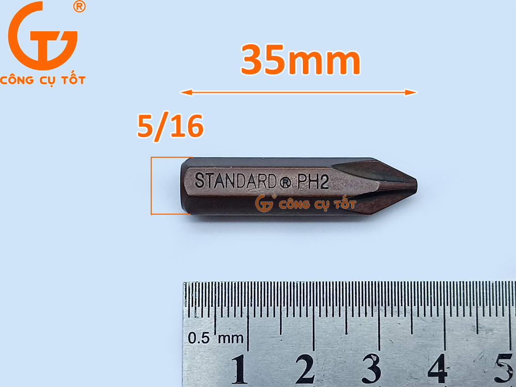 Kích thước tô vít đóng 4 cạnh PH2 Standard thép S2 si nâu 35mm