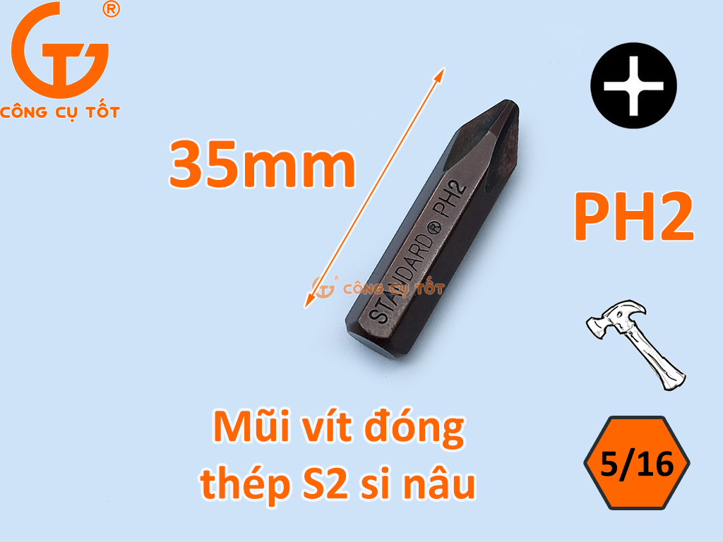 Mũi tô vít đóng 4 cạnh PH2 thép si nâu dài 35mm thương hiệu Standard chuyên tháo mở ốc vít gỉ sét.