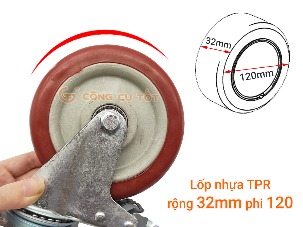 Bánh xe đẩy lốp nhựa TPR tải trọng 65kg rộng 32mm phi 120 có khóa