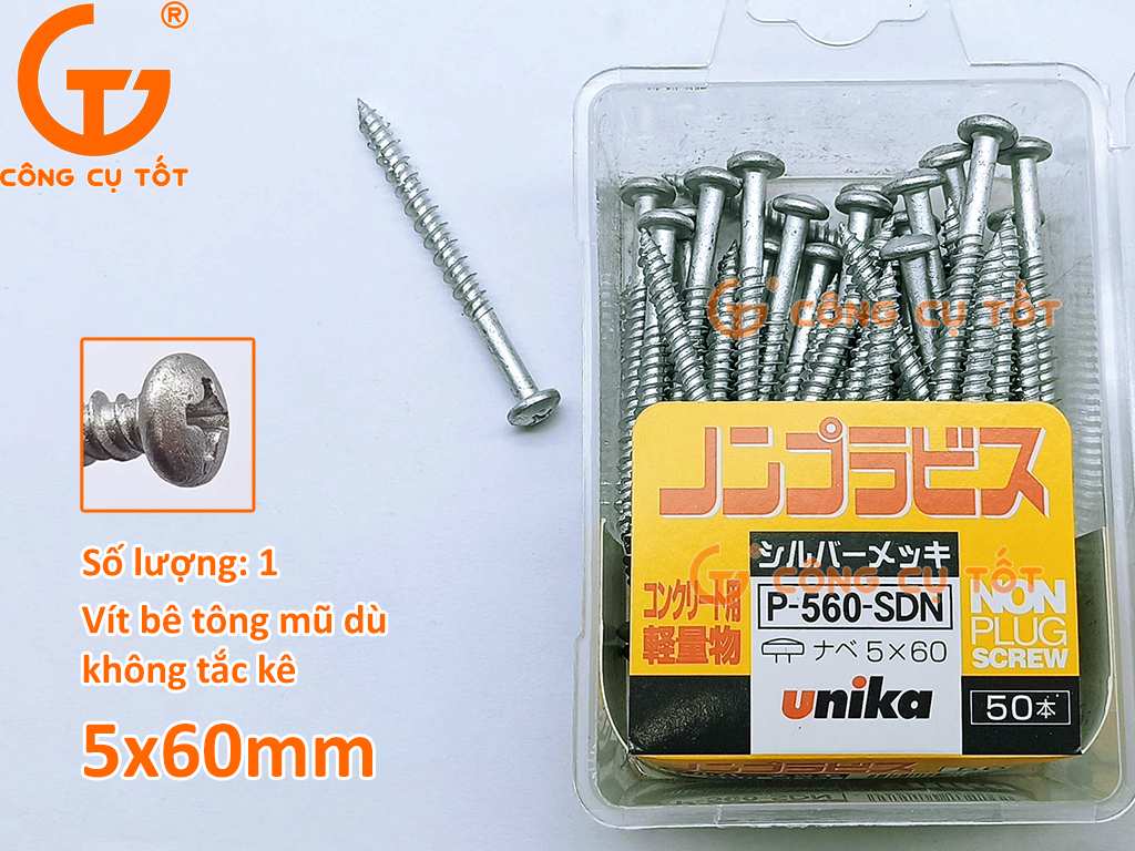 Vít bê tông không tắc kê Unika Nhật mũ dù 5x60mm P-560-SDN