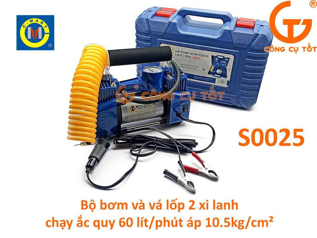 Hình ảnh 1 của mặt hàng Bộ bơm lốp và dụng cụ vá săm chạy ắc quy 2 xi lanh 60 lít/phút áp 10.5kg/cm² C-MART S0025