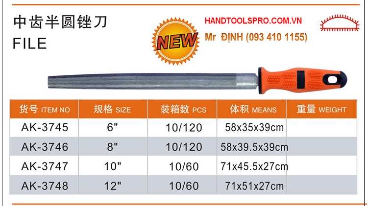 Hình ảnh 8 của mặt hàng Giũa bán nguyệt (cán bọc nhựa dẻo) 12"/300mm