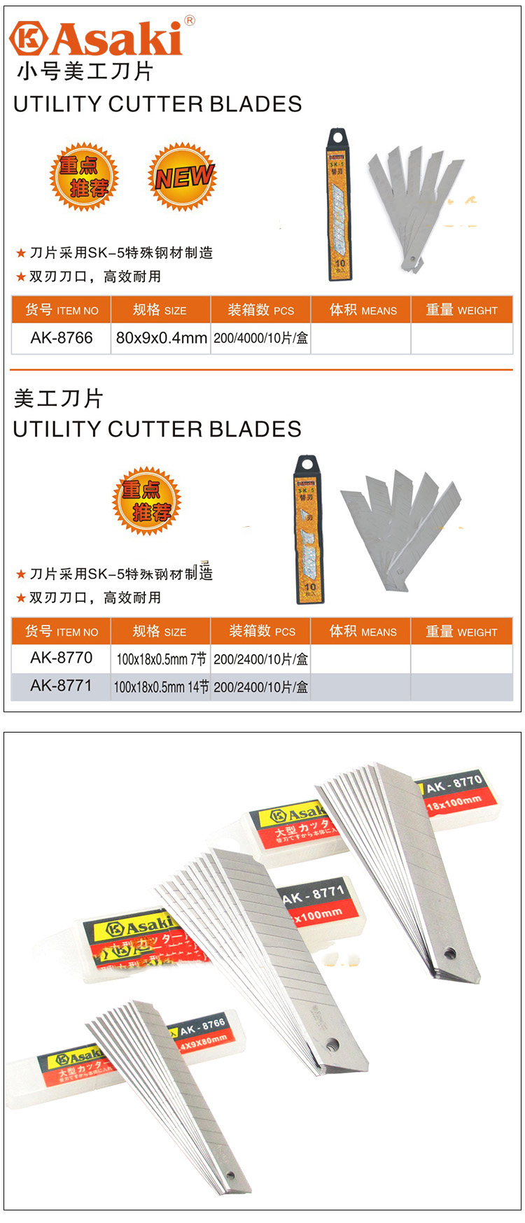 Hình ảnh 3 của mặt hàng Lưỡi dao rọc giấy cao cấp 100 x 18 x 0.5mm 14 sọc Asaki AK-8769