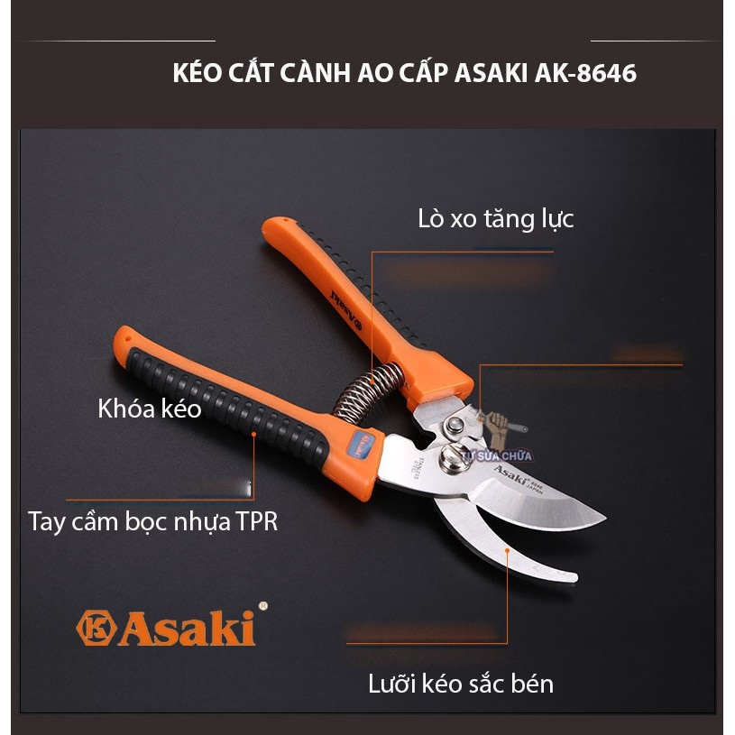 Hình ảnh 4 của mặt hàng Kéo tỉa cành lưỡi cong 8 inch lưỡi kéo inox Asaki AK-8646