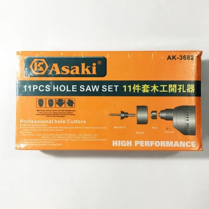 Hình ảnh 9 của mặt hàng Bộ mũi khoét lỗ gỗ và thạch cao 11 chi tiết 19 – 64 mm Asaki AK-3682