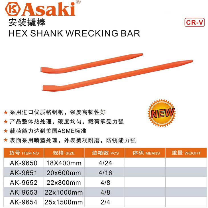 Hình ảnh 7 của mặt hàng Xà beng thân lục giác đầu dẹp và nhọn (thép chrome vanadium) 20 x 600mm Asaki AK-9651
