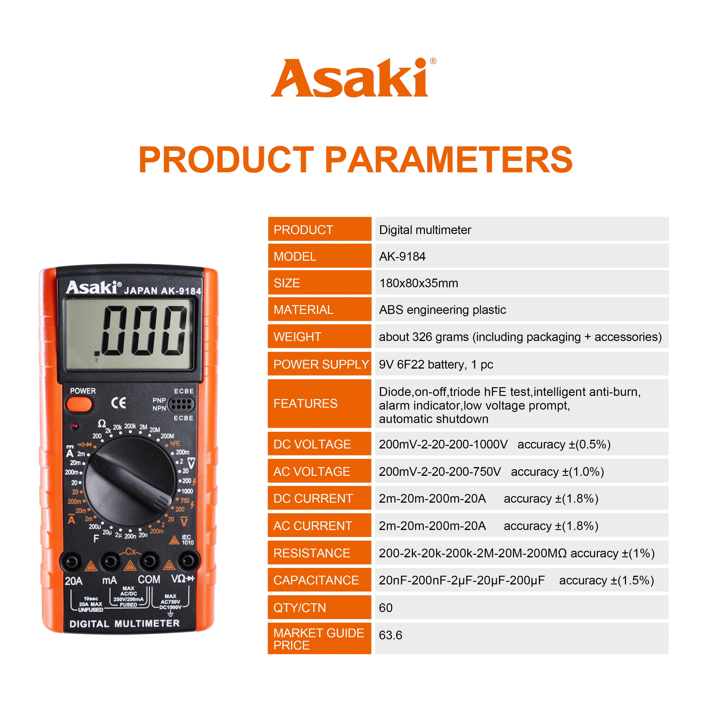 Hình ảnh 3 của mặt hàng Đồng hồ đo điện vạn năng 180 x 80 x 35mm Asaki AK-9184