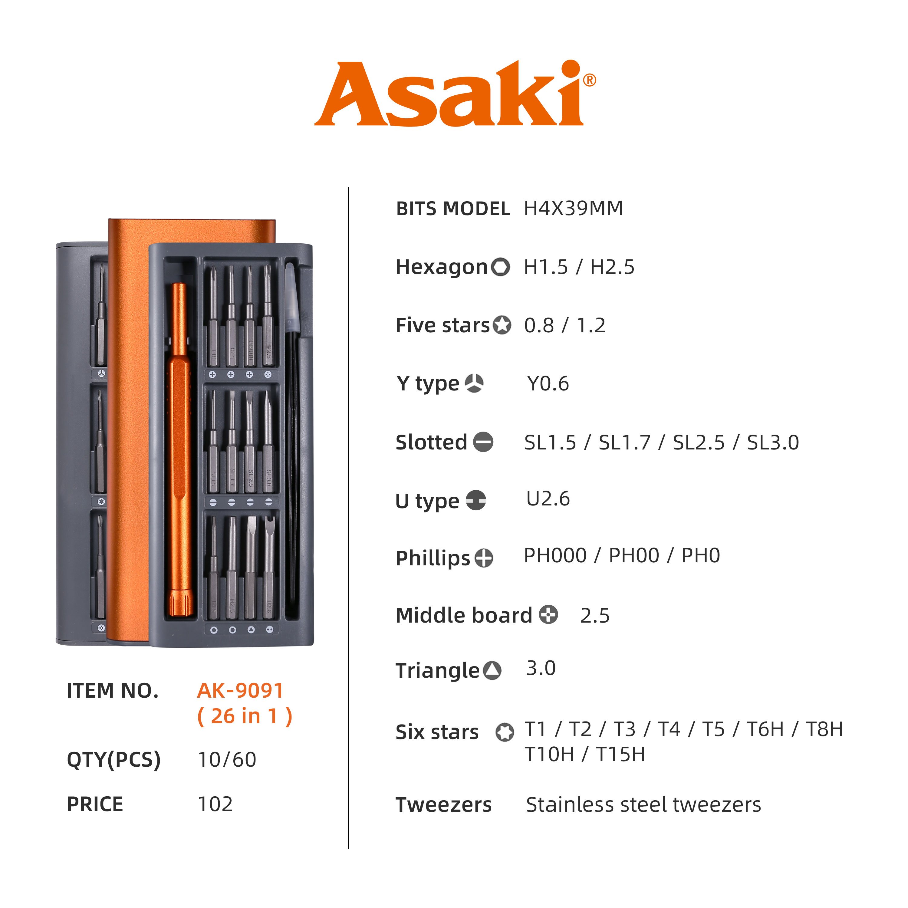 Hình ảnh 1 của mặt hàng Bộ tua vít đa năng 26 chi tiết Asaki AK-9091