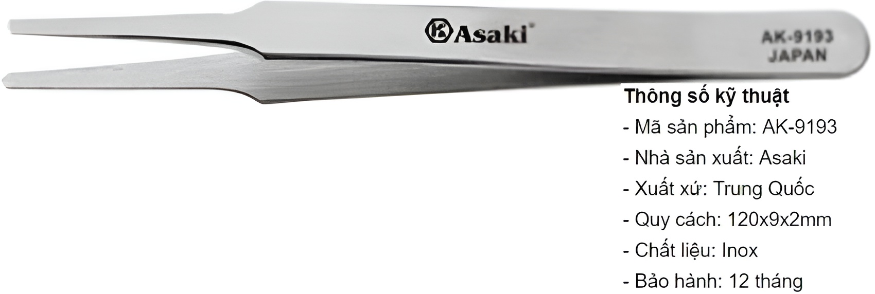 Hình ảnh 5 của mặt hàng Nhíp inox gắp linh kiện mũi bằng 120 x 9 x 2mm Asaki AK-9193