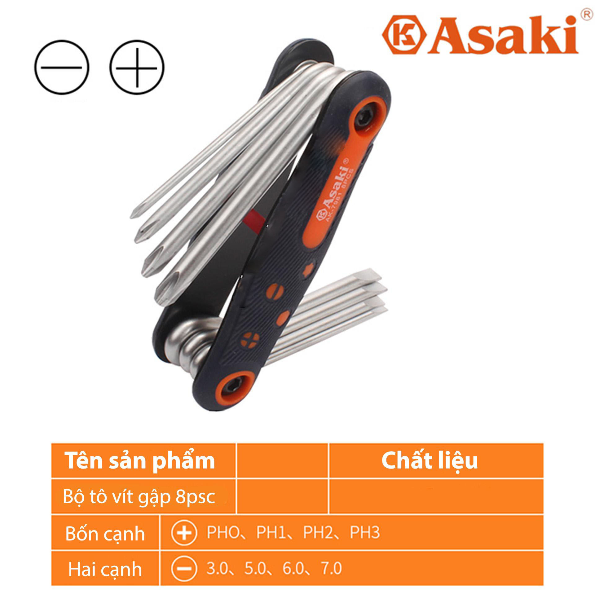 Hình ảnh 3 của mặt hàng Bộ tua vít xếp "Ph0 Ph1 Ph2 Ph3 3 - 5 - 6 - 7" Asaki AK-7981