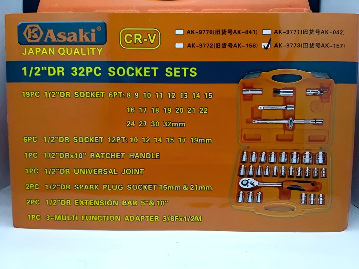 Hình ảnh 4 của mặt hàng Bộ tuýp 1/2"" 6 và 12 cạnh 32 chi tiết (xi bóng viền cam) ""cần vặn cao cấp" Asaki AK-9773