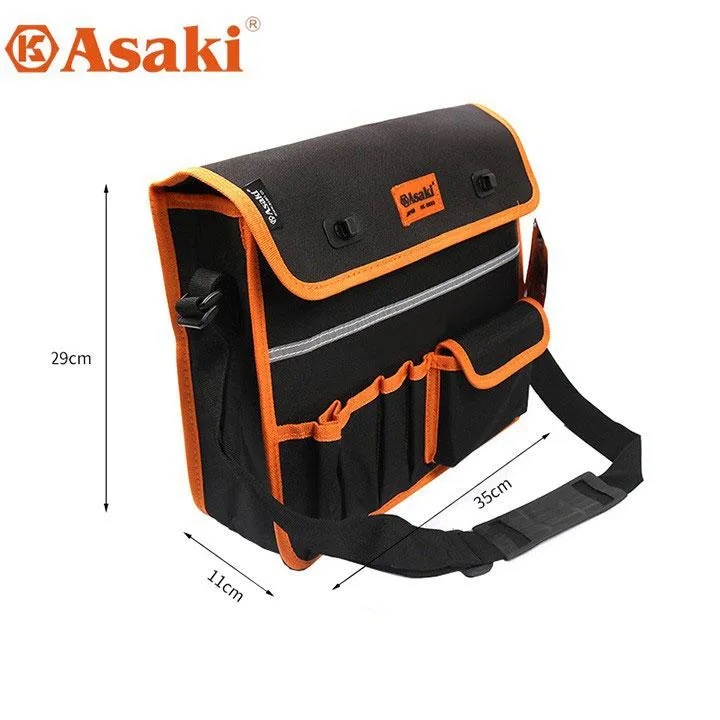 Hình ảnh 5 của mặt hàng Túi đeo vai đựng đồ nghề cao cấp (sử dụng chất liệu đặc biệt chống vật nhọn đâm thủng túi)" cỡ trung Asaki AK-9988