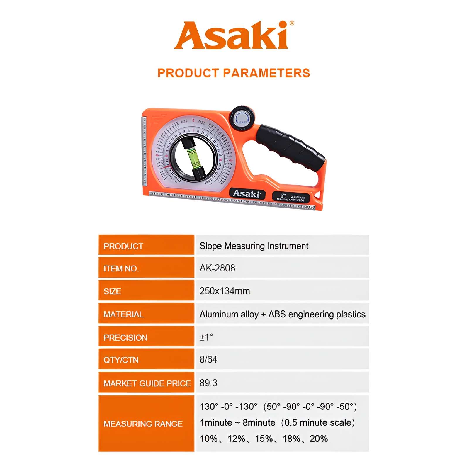 Hình ảnh 10 của mặt hàng Thước thủy đo độ nghiêng 250 x 134mm Asaki AK-2808
