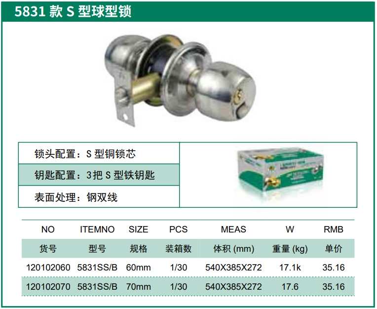 Hình ảnh 1 của mặt hàng Khóa tay nắm Sư Tử 5831 SS/B-60#