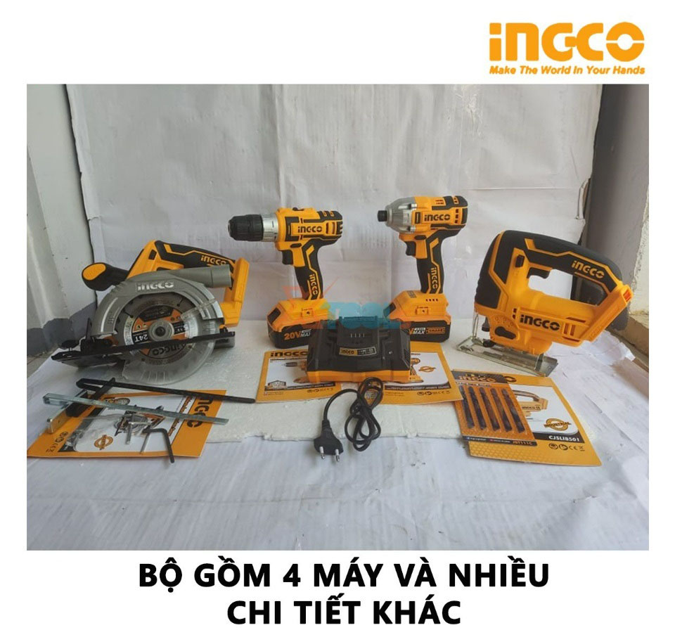 Hình ảnh 4 của mặt hàng Bộ combo máy khoan & siết vít & cưa lọng & cưa gỗ dùng pin 20V Ingco CKLI2010