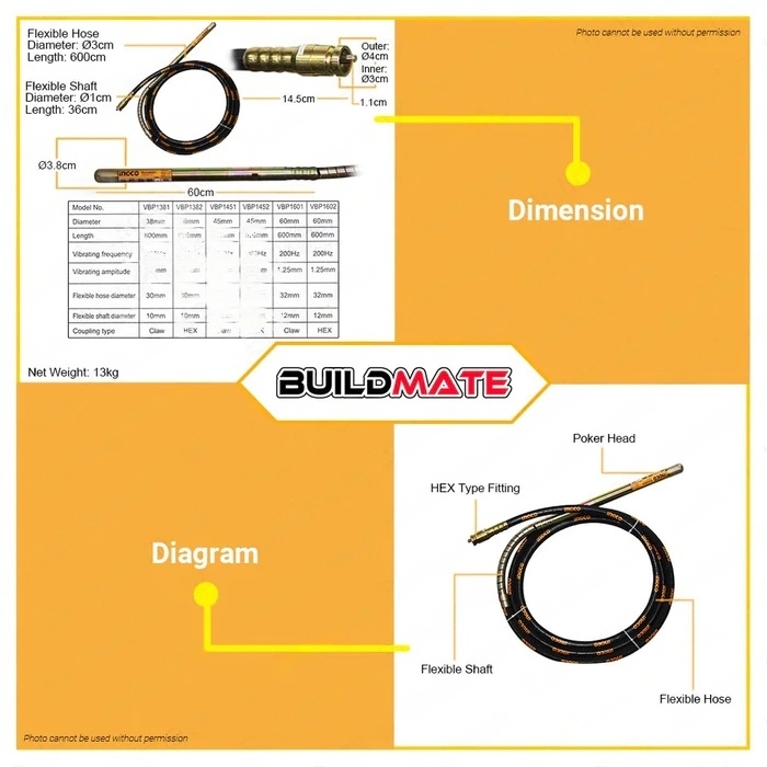 Hình ảnh 6 của mặt hàng Dây đầm dùi bê tông Ingco VBP1382