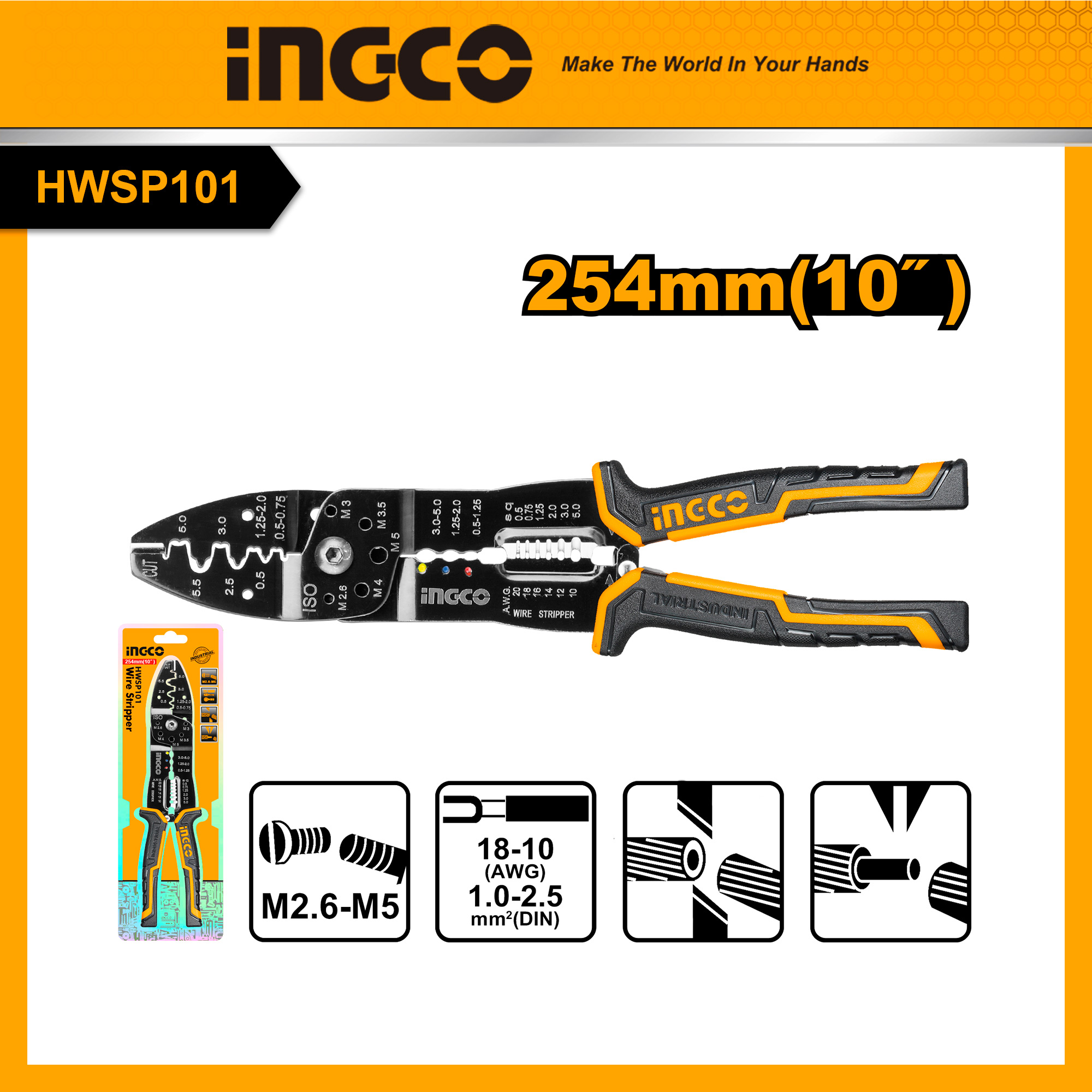 Hình ảnh 1 của mặt hàng Kềm tuốt dây điện đa năng 10"/250mm Ingco HWSP101