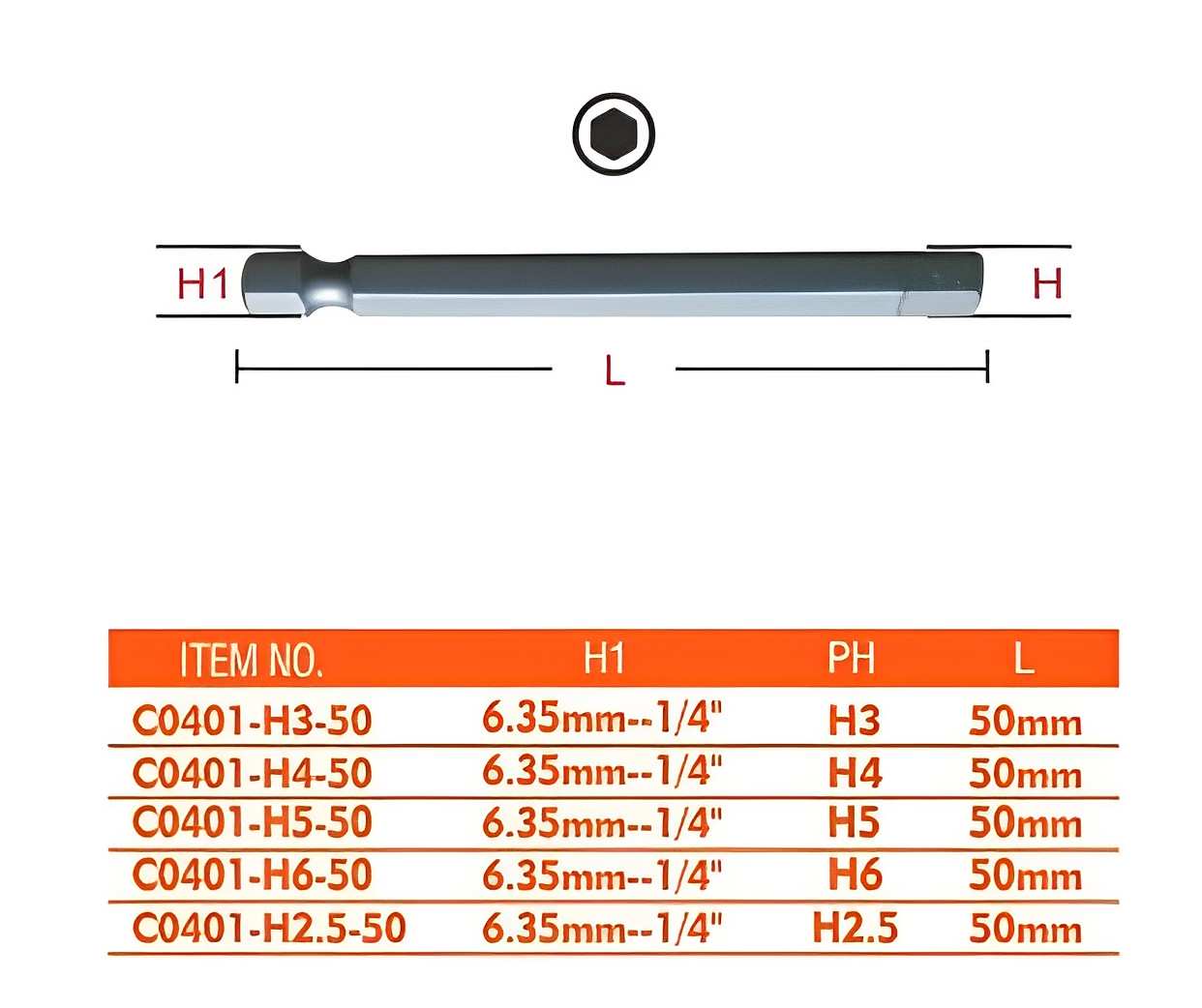 Hình ảnh 1 của mặt hàng Mũi vít đầu lục giác 1/4" C-Mart C0401-H2.5