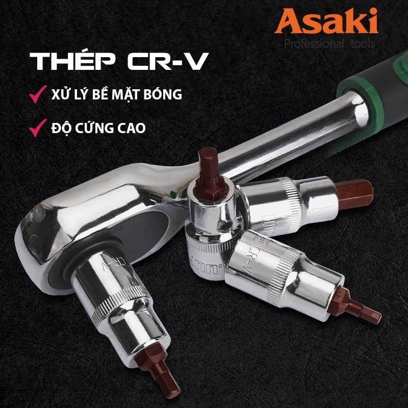 Hình ảnh 3 của mặt hàng Đầu tuýp 3/8" gắn mũi lục giác (thép S2) T10x50mm Asaki AK-7359