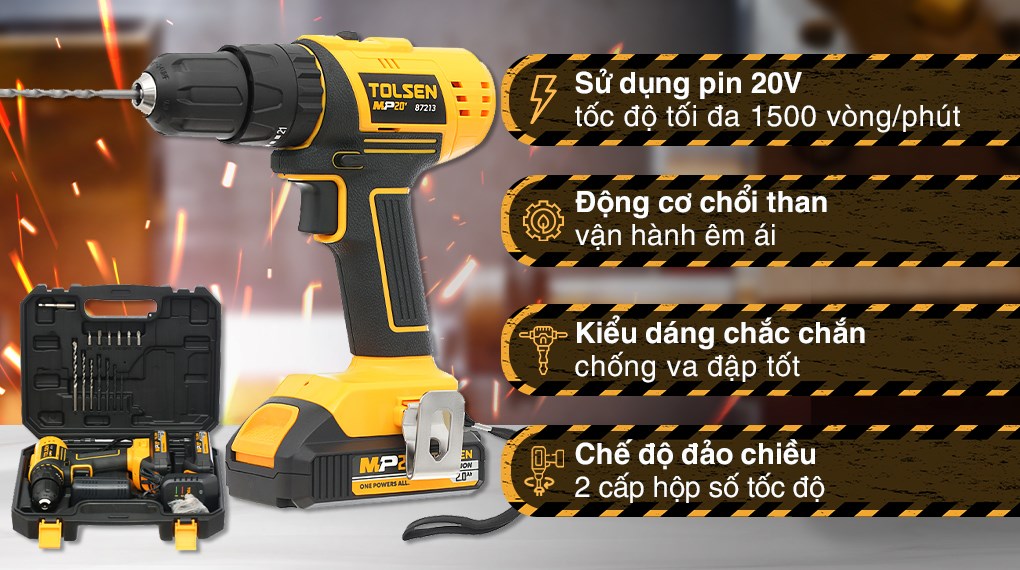 Hình ảnh 4 của mặt hàng MÁY KHOAN PIN 20V 10MM (CÓ BÚA ) TOLSEN 87213