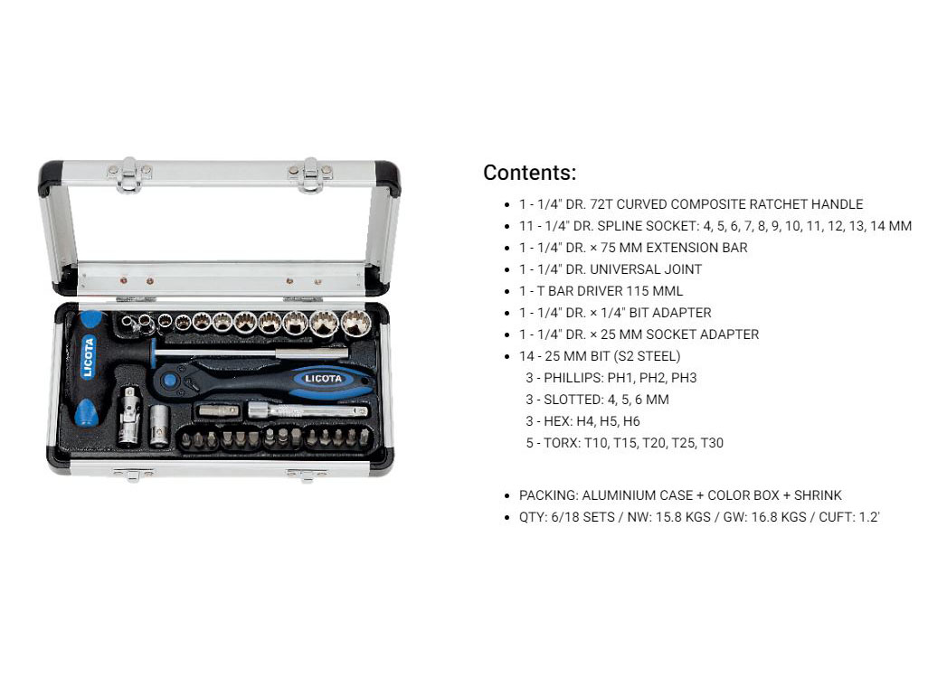 Hình ảnh 15 của mặt hàng Bộ 31 chi tiết đầu tuýp, đầu vít, cần tự động 1/4" 72T LICOTA