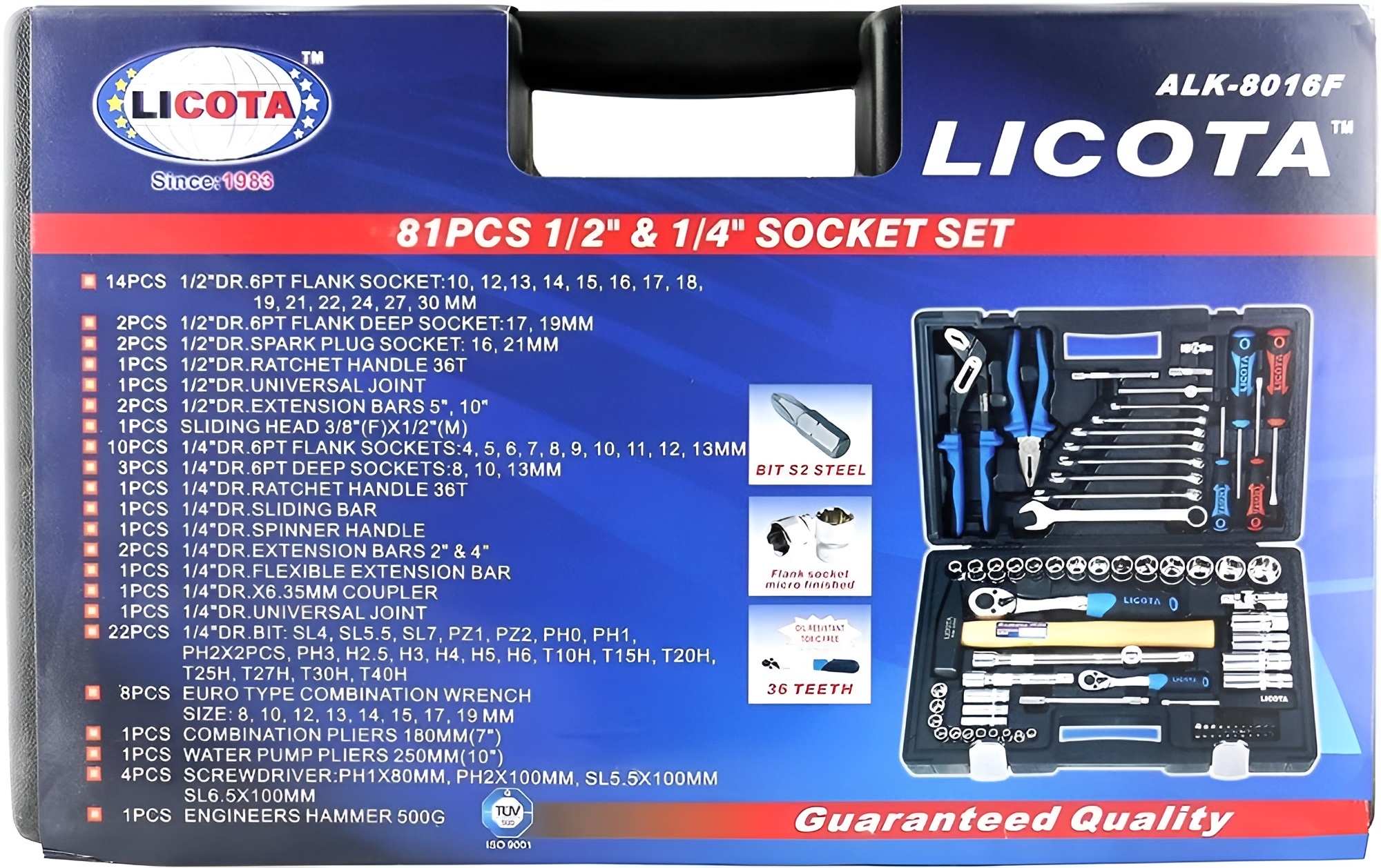 Hình ảnh 1 của mặt hàng Bộ 81 đầu tuýp lục giác 1/4" & 1/2" và dụng cụ tổng hợp LICOTA