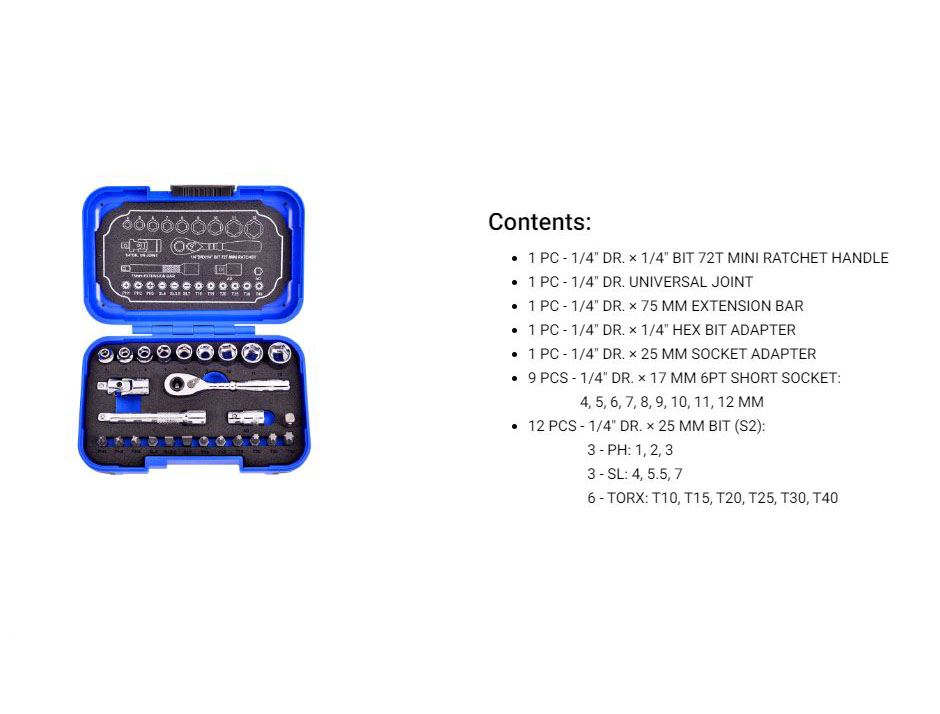 Hình ảnh 13 của mặt hàng Bộ tuýp, vít kèm cần siết 72T 26 chi tiết 1/4inch LICOTA