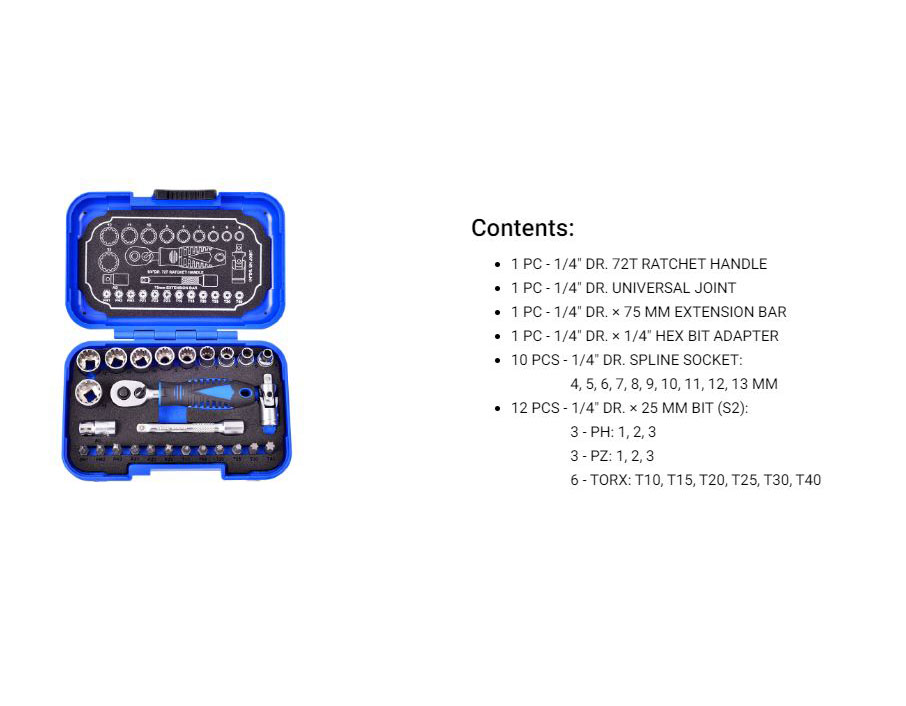 Hình ảnh 11 của mặt hàng Bộ tuýp Spline, vít kèm cần siết 72T 26 chi tiết 1/4inch LICOTA