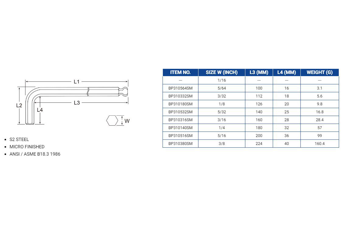 Hình ảnh 1 của mặt hàng Bộ 9 cây lục giác đầu bi chữ L loại dài (hệ inch) LICOTA