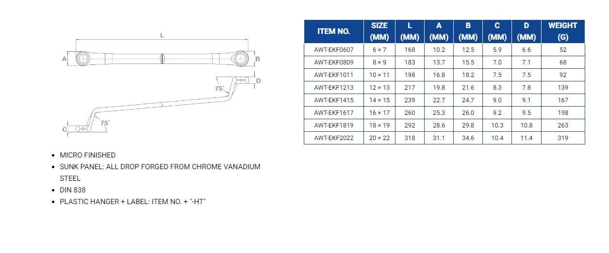 Hình ảnh 3 của mặt hàng Bộ 8 cờ lê 2 đầu vòng nghiêng 75 độ LICOTA