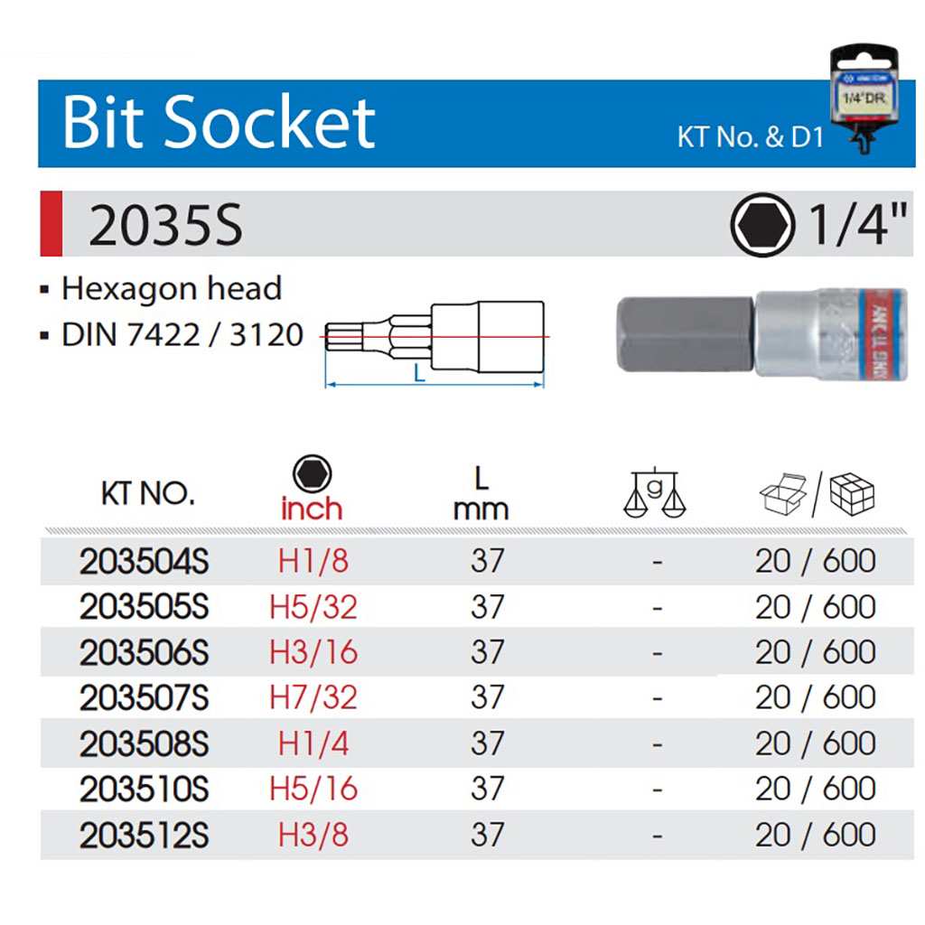 Hình ảnh 5 của mặt hàng Đầu tuýp 1/4 inch bit lục giác H1/4x37mm Kingtony 203508S