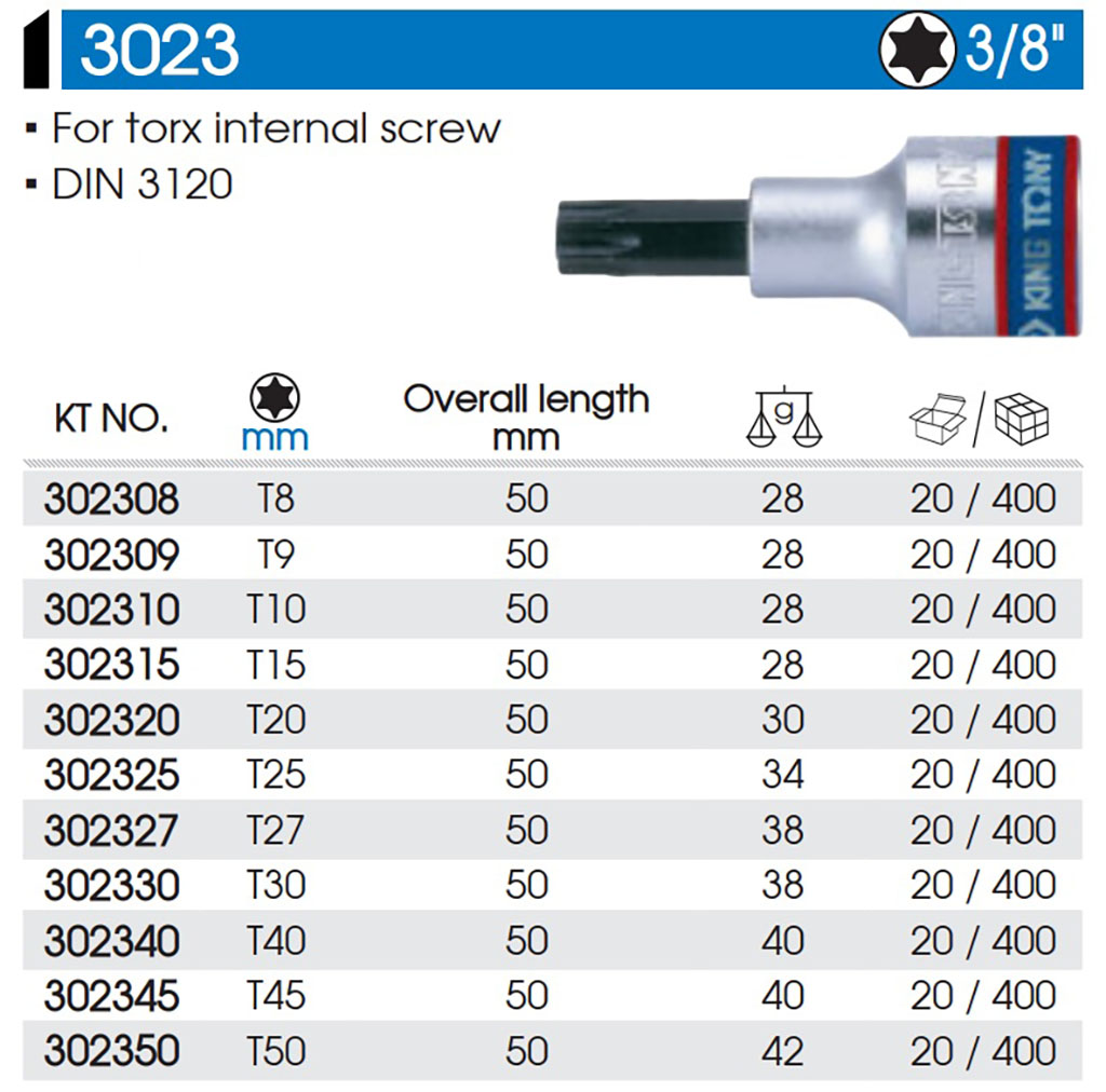 Hình ảnh 5 của mặt hàng Đầu tuýp 3/8 inch bit mũi sao T45X50mm Kingtony 302345