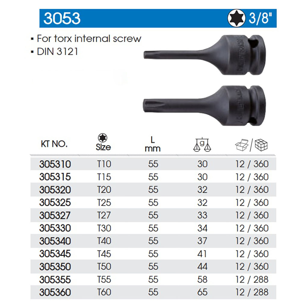 Hình ảnh 5 của mặt hàng Đầu tuýp mũi sao T50x55mm đen 3/8 inch KINGTONY 305350