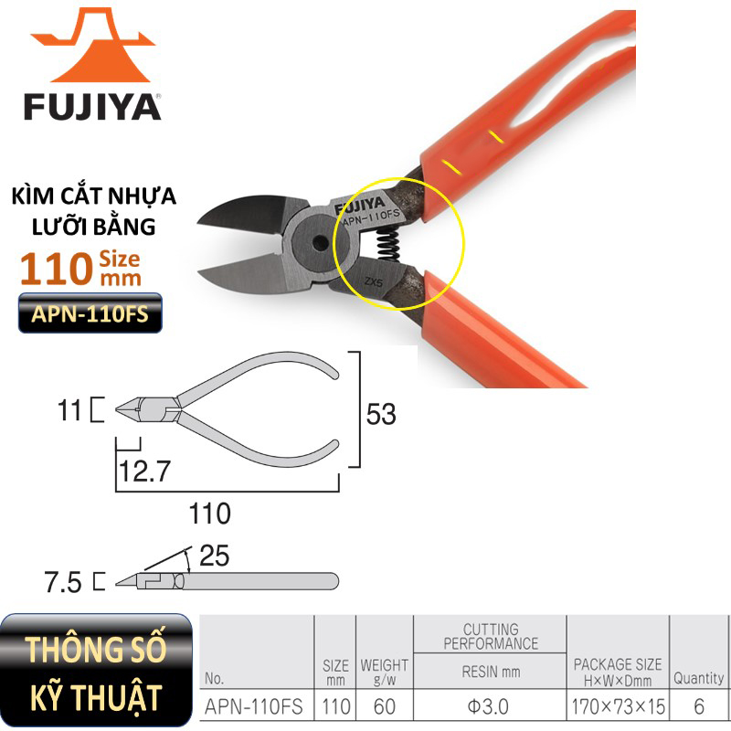 Hình ảnh 16 của mặt hàng Kìm cắt nhựa kỹ thuật lưỡi bằng 110mm Fujiya APN-110FS