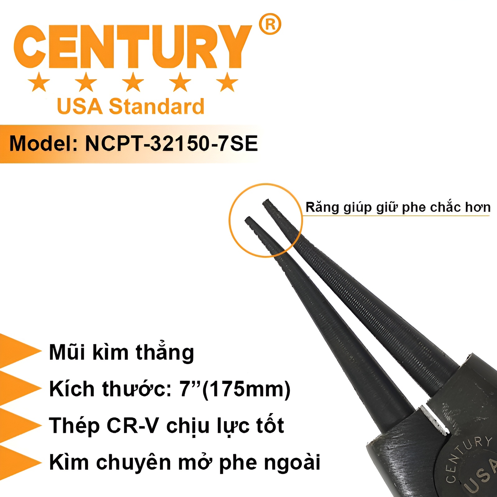 Hình ảnh 5 của mặt hàng Kìm mở phe ngoài mũi thẳng 7inch Century