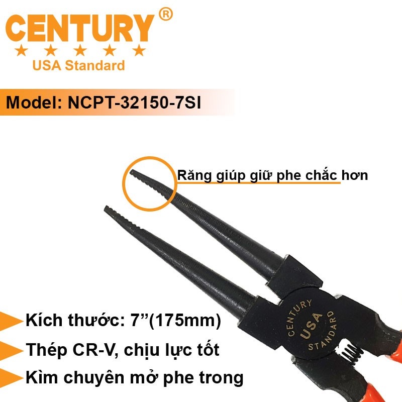 Hình ảnh 1 của mặt hàng Kìm mở phe trong mũi thẳng 7inch Century