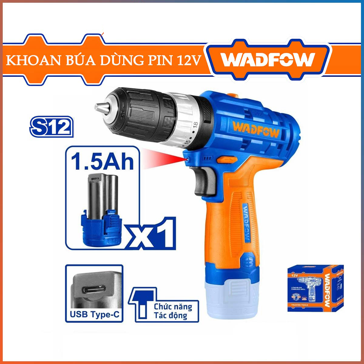 Hình ảnh 1 của mặt hàng Máy khoan búa dùng pin Lithium-ion 12V (không kèm đầu sạc) Wadfow WCDS540