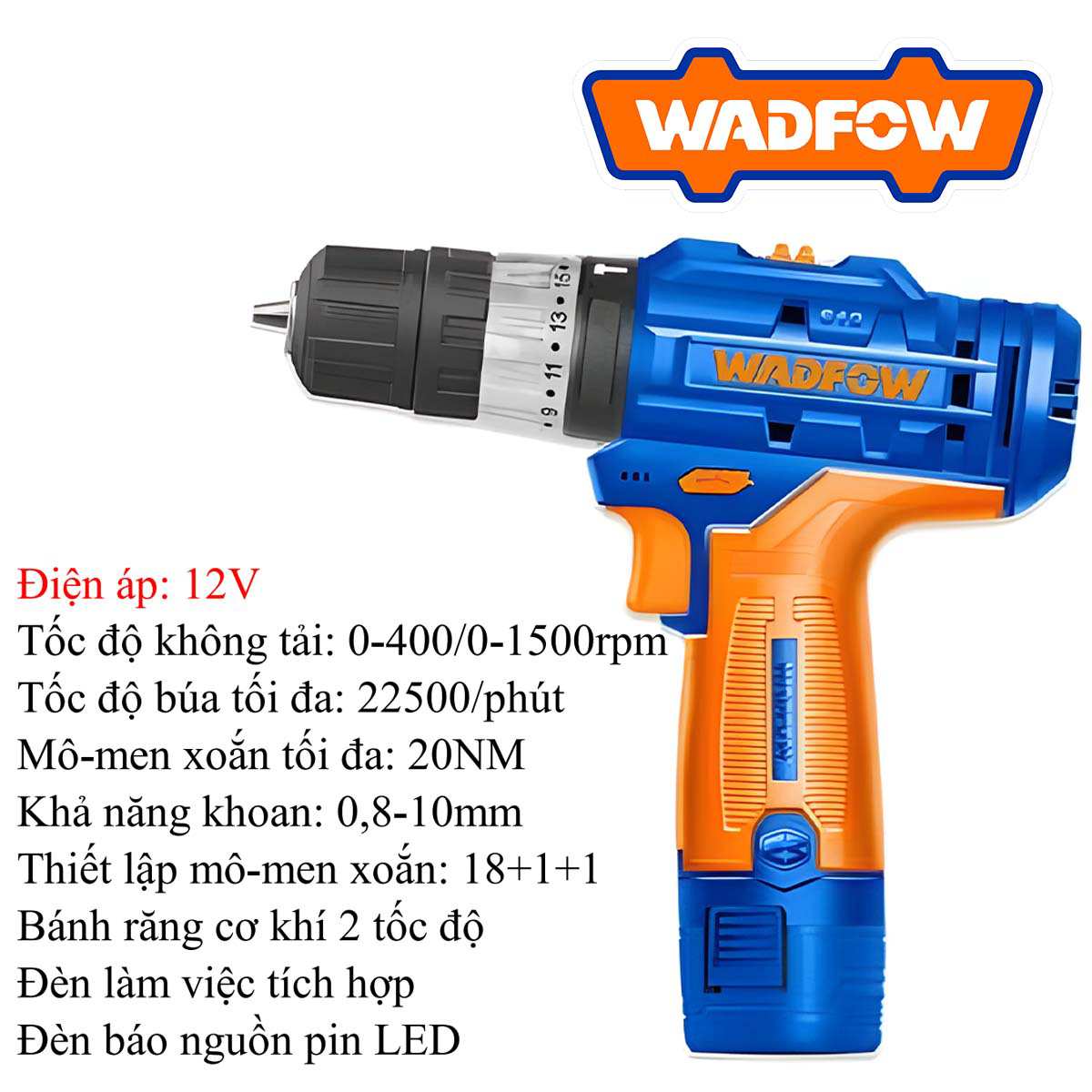 Hình ảnh 2 của mặt hàng Máy khoan búa dùng pin Lithium-ion 12V (không kèm đầu sạc) Wadfow WCDS540