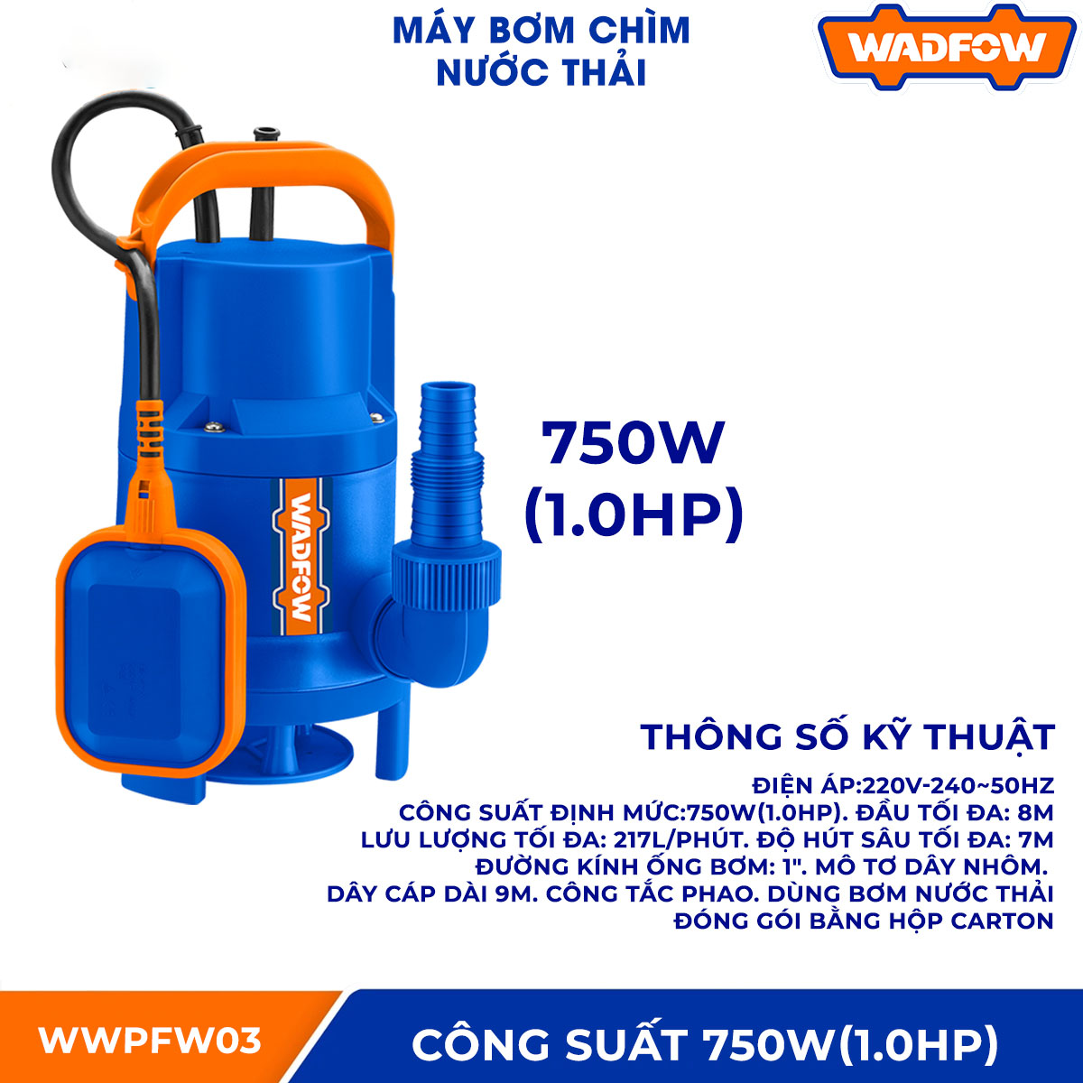 Hình ảnh 3 của mặt hàng Máy bơm chìm nước thải 750W(1HP) Wadfow WWPFW03