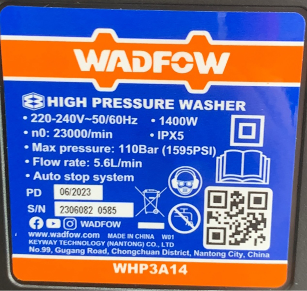 Hình ảnh 4 của mặt hàng Máy xịt rửa 1400W (không chổi than) Wadfow WHP3A14