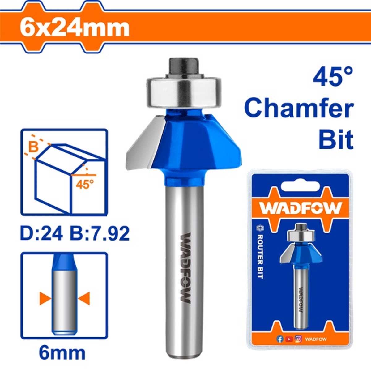 Hình ảnh 1 của mặt hàng Mũi phay gỗ vát 45° 6x6x24mm Wadfow WRG3402