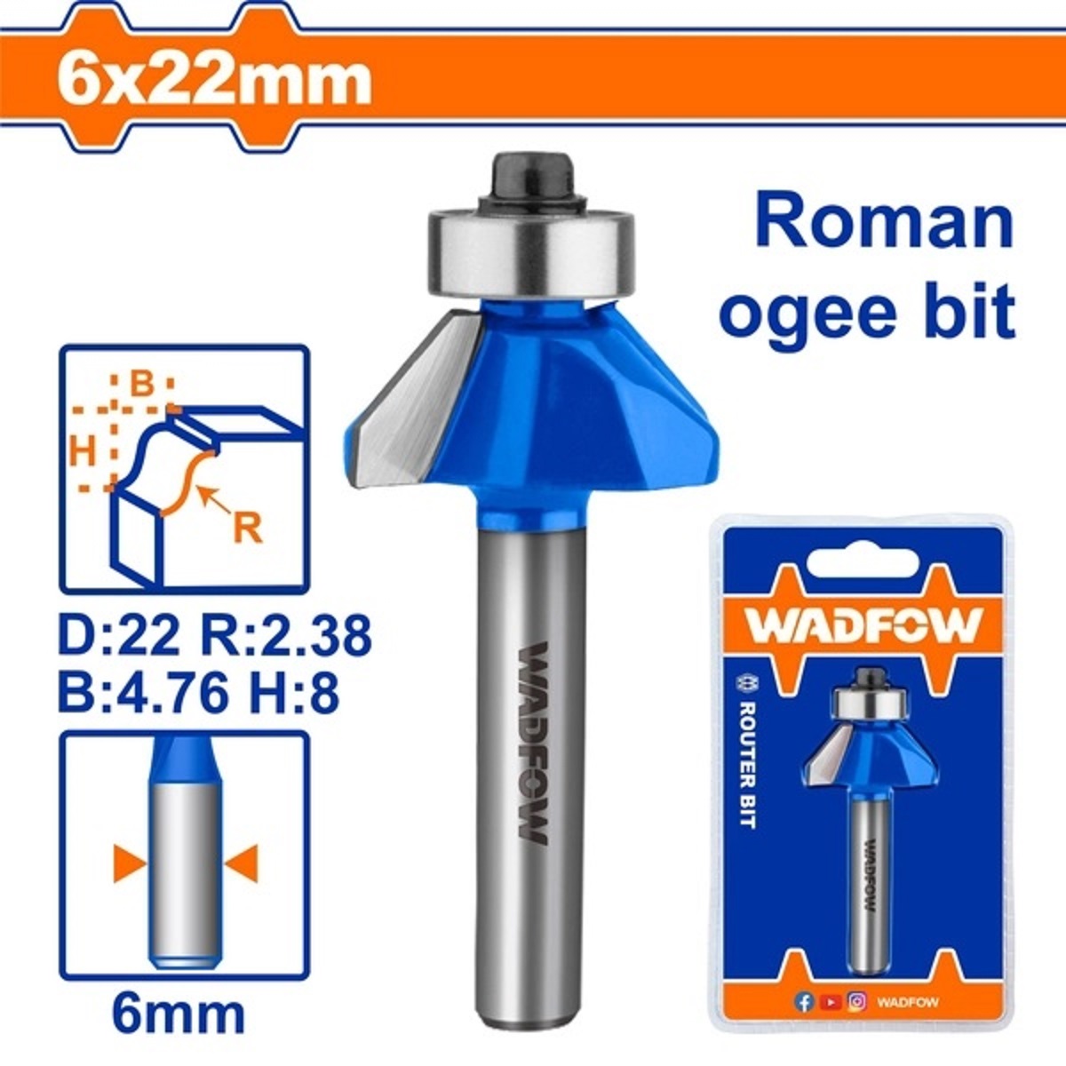 Hình ảnh 1 của mặt hàng Mũi phay gỗ đánh chỉ cổ điển 6x6x22mm Wadfow WRG5401