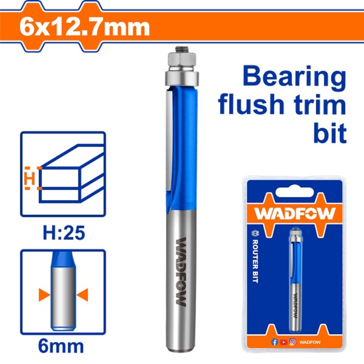 Hình ảnh 1 của mặt hàng Mũi phay gỗ thẳng bi dưới 6x6x12.7mm Wadfow WRG7404