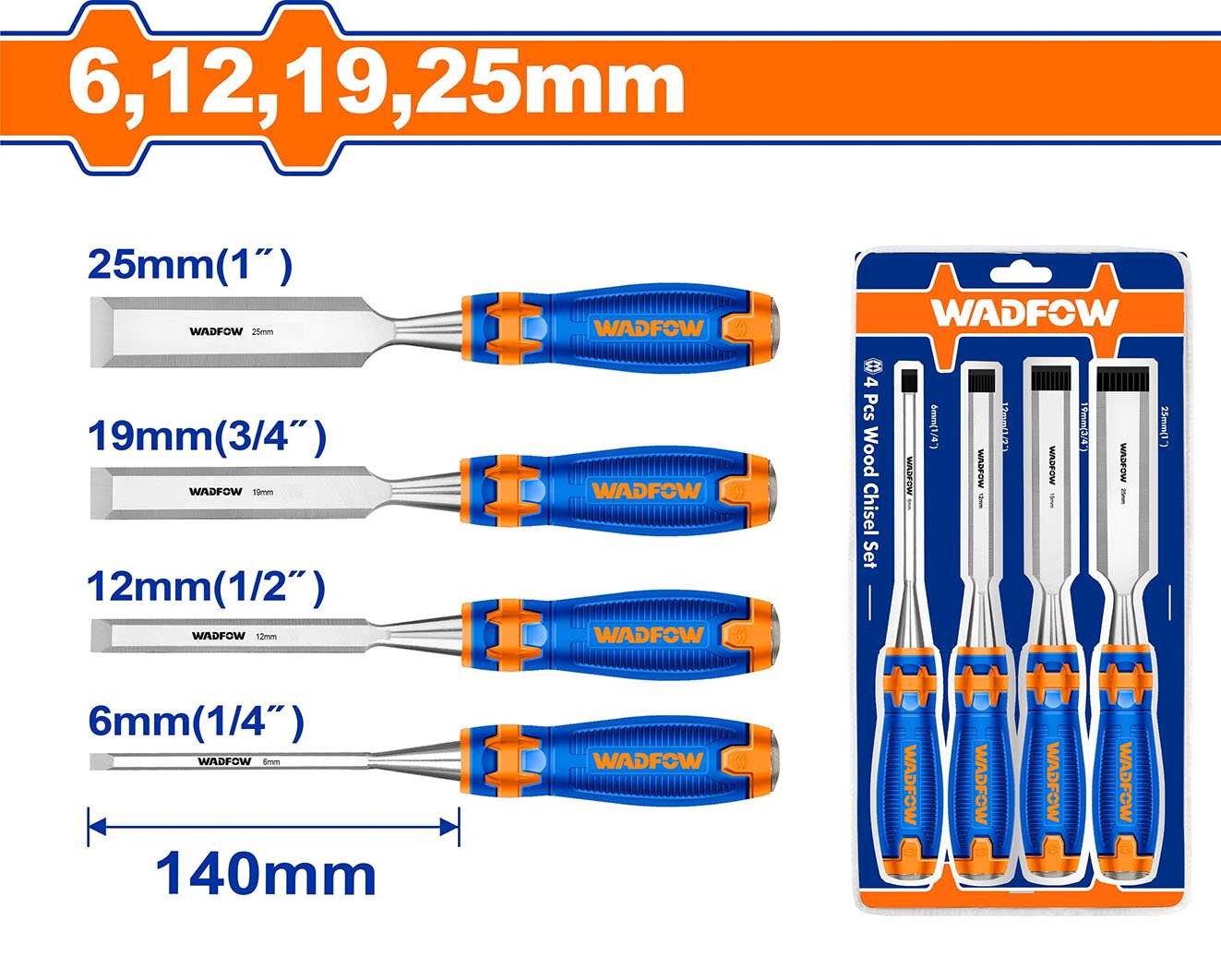 Hình ảnh 2 của mặt hàng Bộ 4 đục gỗ 6, 12, 19, 25mm Wadfow WWC2204