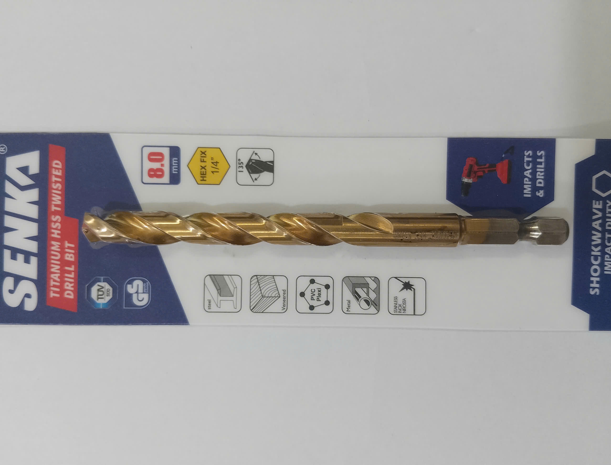 Hình ảnh 18 của mặt hàng Mũi khoan inox Ø8.0mm chuôi lục giác phủ titan vàng Senka