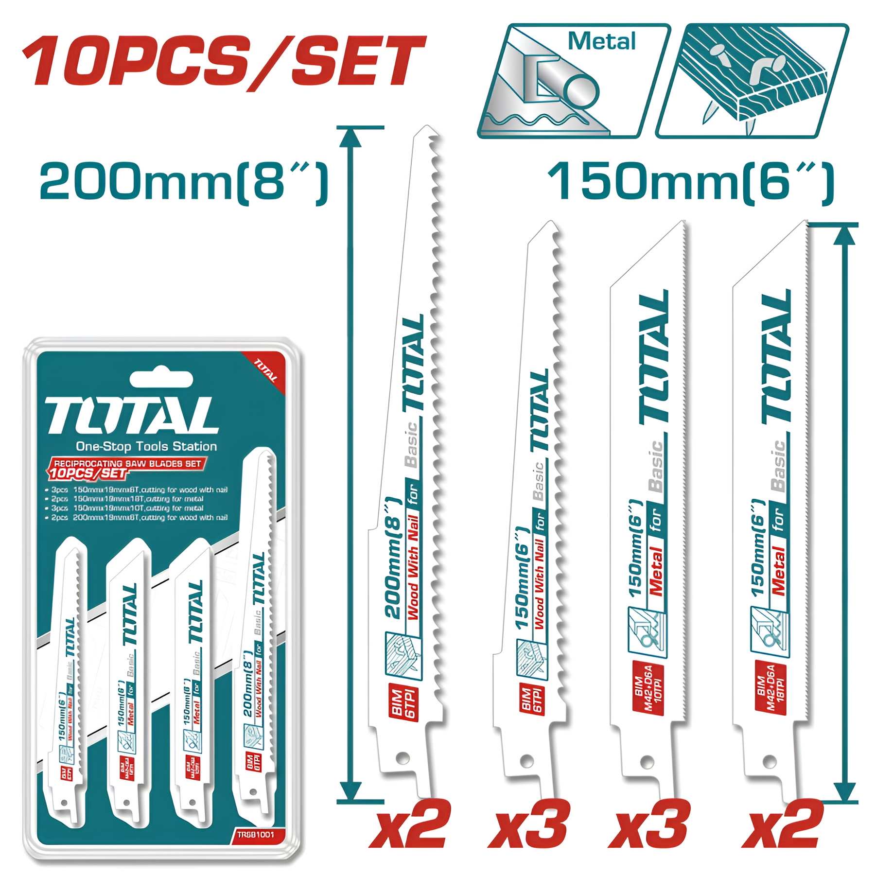 Hình ảnh 1 của mặt hàng Bộ 10 lưỡi cưa kiếm cắt gỗ có đinh và kim loại Total