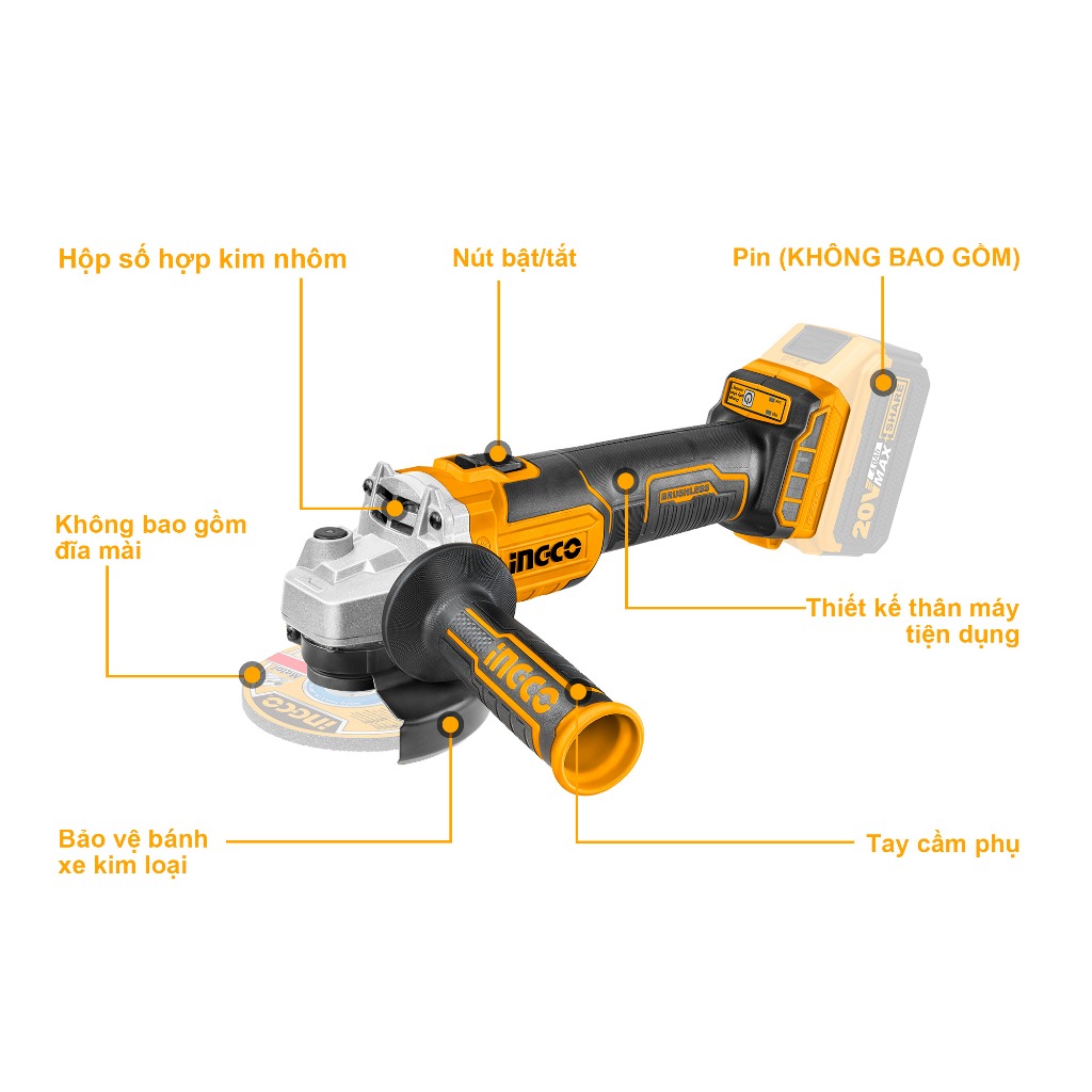 Hình ảnh 18 của mặt hàng Máy mài góc dùng pin 20V (không bao gồm pin và sạc) Ingco